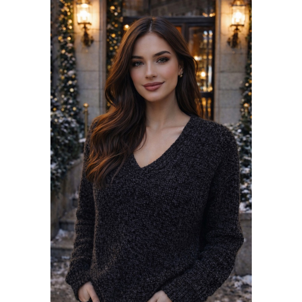 Luv Lane Boucle Cropped Sweater Black V Neck Quiet Luxury Buttery Soft Cozy Boho